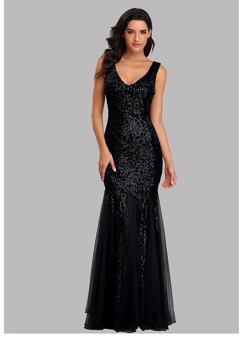 V Neck Mermaid Sequin Sexy Dress Formal Prom Party Long Dress Women_ecoleips.com