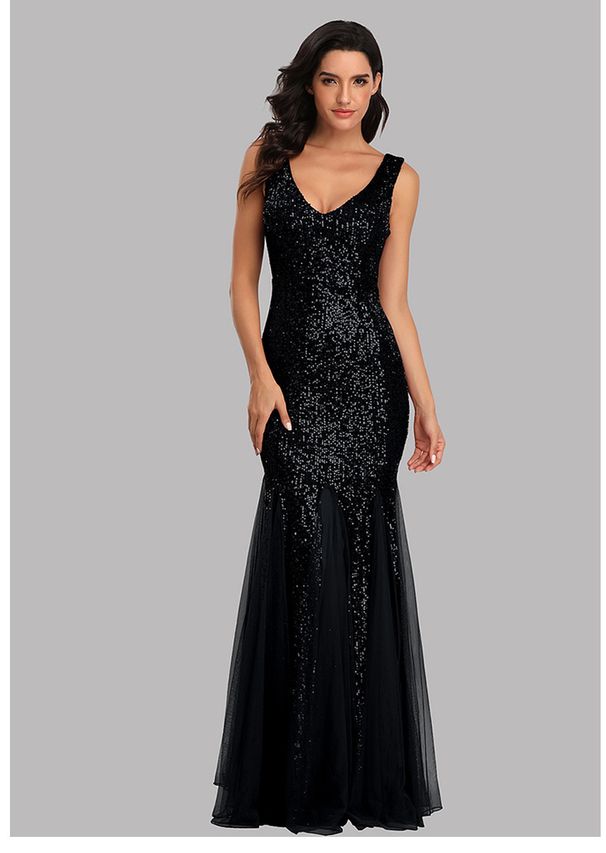 V Neck Mermaid Sequin Sexy Dress Formal Prom Party Long Dress Women_ecoleips.com