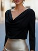 Women's Clothing Autumn/Winter Solid Color Flowy Pleated V Neck Women’s V-Neck Blouse – Wrinkle-Resistant Drape, Solid Color, Elegant & Office-Ready_ecoleips.com