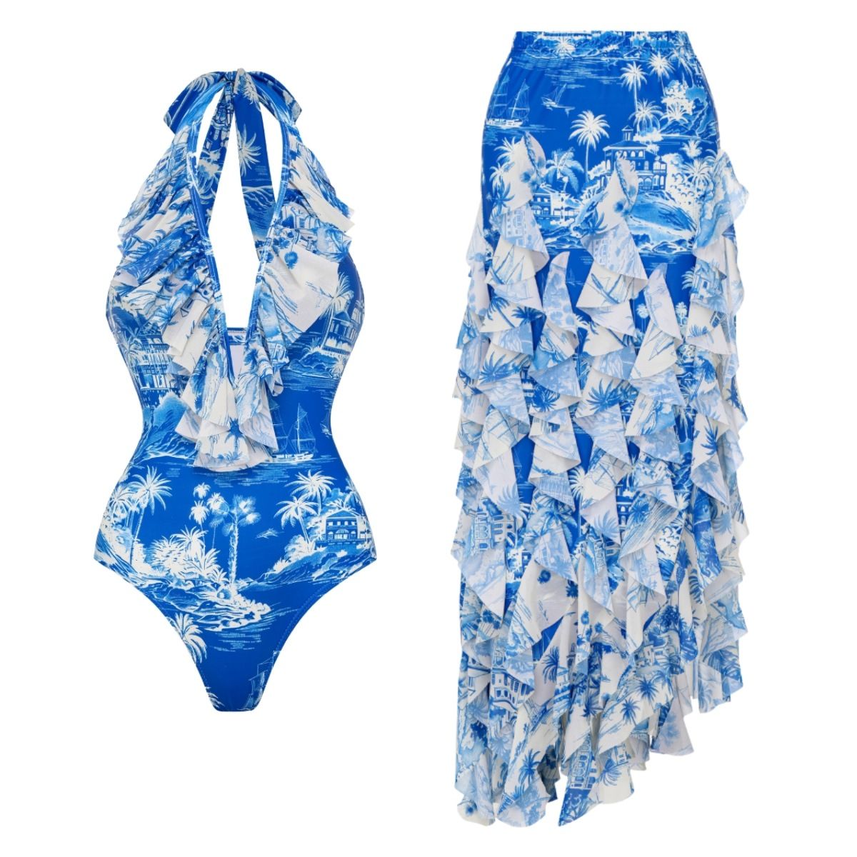 Women's Clothing Blue Coconut Tree Island Print One Piece Swimsuit Set For Women Quick-Dry Polyester, Modest Coverage Beach & Pool Ready_ecoleips.com