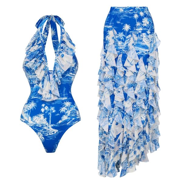 Women's Clothing Blue Coconut Tree Island Print One Piece Swimsuit Set For Women Quick-Dry Polyester, Modest Coverage Beach & Pool Ready_ecoleips.com