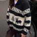 Christmas Knit Zip-Up Cardigan – Embroidered Floral & Animal Print Oversized Sweater Coat (Gray/Black) | Heavy Jacquard Pullover_ecoleips.com