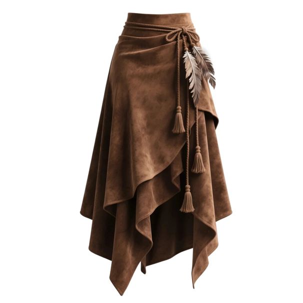 Mermaid Brown Suede Midi Skirt For Women Autumn Irregular Tie Waist Slimming A-Line Skirt_ecoleips.com