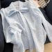 Women's Clothing Blue Polka Dot Chiffon Blouse With Bow French Style Sophisticated Long Sleeved Top For Petite Women Perfect For Spring Summer_ecoleips.com