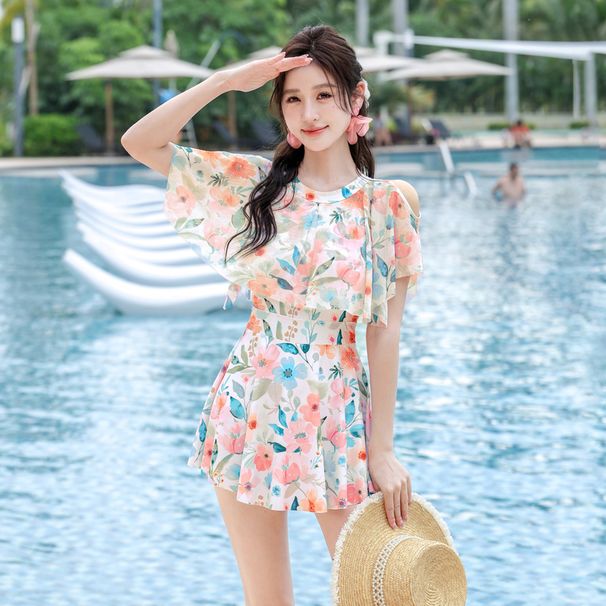 Women Swimsuit One Piece Off-shoulder Sexy Swimwear Women Short Sleeve Bathing Suit Monokini Swimsuit Skirt Beach Wear_ecoleips.com