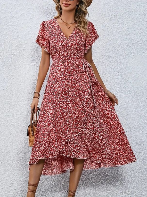Independent Station Cross-Border Small Floral V-Neck Cardigan Tie Short Sleeve Bohemian Flared Vacation Dress_ecoleips.com
