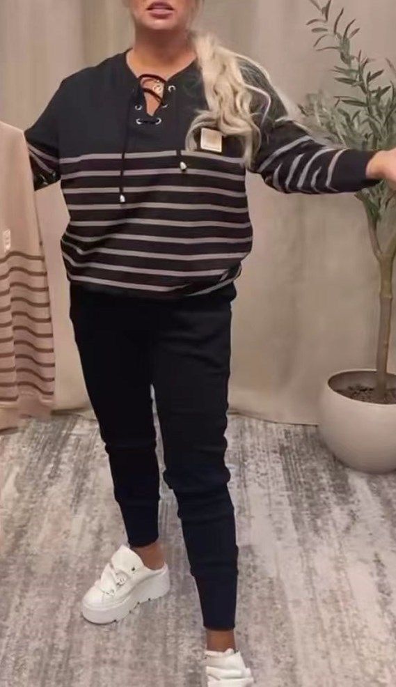 New European American Style 2025 Spring And Autumn Fashion Casual Striped Sports Two-Piece Set Loose Sweatshirt +_ecoleips.com