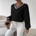 Women's Clothing Autumn And Winter Temperament Contrast Color Cable Sweater Loose V Neck Fashionable Tops For Women_ecoleips.com