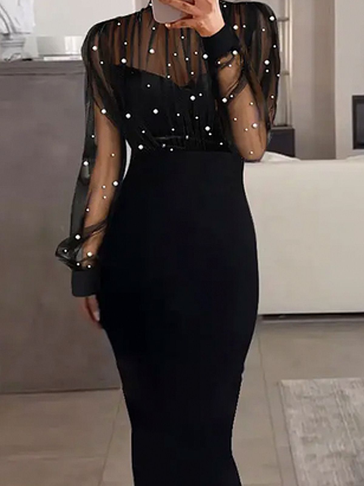 Women's Clothing Fashion Trend Mesh Beaded Long Sleeved Dress Hip Evening Dress_ecoleips.com