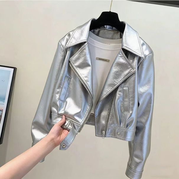 Women's Short Leather Jacket Slimming PU Leather Lapel Elegant Outerwear For Petite Figures Autumn New_ecoleips.com