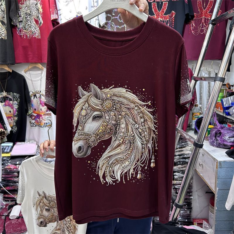Women's Heavy Duty Rhinestone Horse Head Pattern T-Shirt Round Neck Short Sleeve Loose Fit Versatile Fashionable Top New Retro Design_ecoleips.com