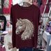 Women's Heavy Duty Rhinestone Horse Head Pattern T-Shirt Round Neck Short Sleeve Loose Fit Versatile Fashionable Top New Retro Design_ecoleips.com