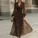 Ladies V-neck Lantern Sleeve Party Dress 2026 Casual Streetwear Swing Long Dress Retro Leopard Print High Waist Commuting Dress_ecoleips.com