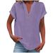 2025 Spring New Women's Solid Color V-neck Button Cotton Linen Short Sleeve Top Shirt_ecoleips.com