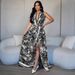 2025 New Women's Printed Maxi Fashion Sexy High Slit Flowing Bohemian Dress With Belt_ecoleips.com