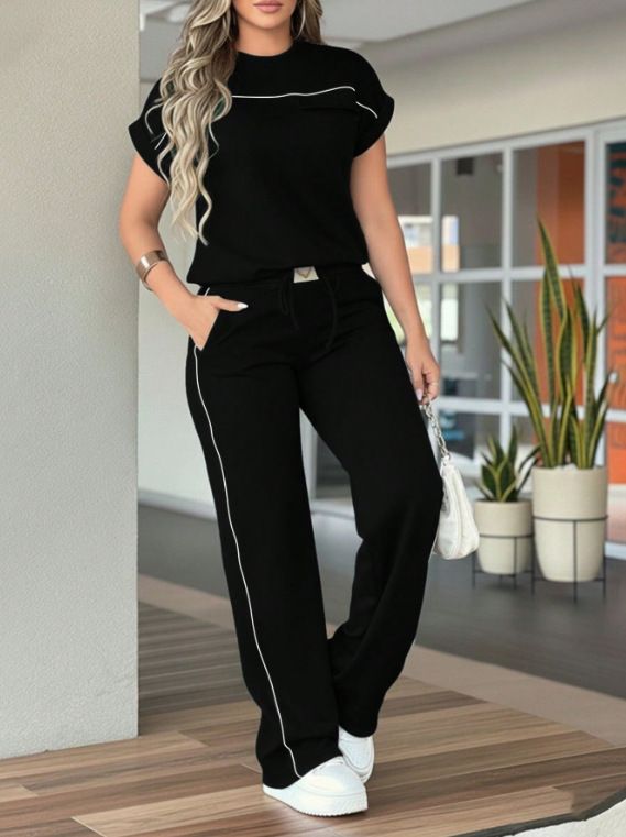 Women's Casual Solid Color Short Sleeve Top With High Waist Straight Leg Pants Set - Breathable Polyester Two-Piece Outfit For Spring Summer Fall_ecoleips.com