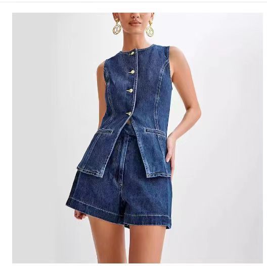 Women's Summer Fashion Sleeveless Slim Fit High Waist Denim Shorts Set Casual_ecoleips.com