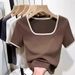 Short-sleeved T-shirt Women's Summer New Casual Square Collar Contrasting Color Fashion Bottoming Shirt_ecoleips.com