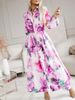 Women Retro Floral Print Office Shirt Dress Elegant Turn-down Collar Button Split Long Dress Autumn Long Sleeve Loose Maxi Dress_ecoleips.com