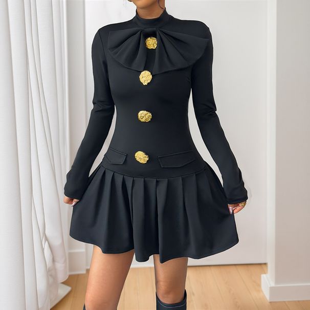 Elegant Bow-Button Dress – Half Turtleneck Long Sleeve Midi Dress For Autumn & Winter_ecoleips.com