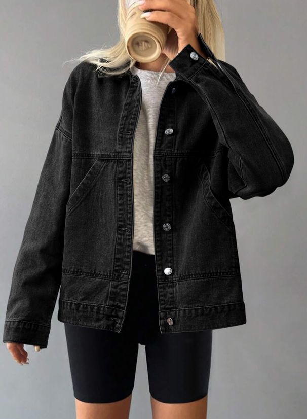 Trendy Oversized Denim Jacket For Women - Classic Polo Collar With Functional Pockets (Light Blue/Navy/Black/Charcoal/White, S-2XL)_ecoleips.com