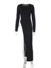 Hugcitar Fashion Solid O Neck Long Sleeve Slit Sexy Bodycon Maxi Dress Fall Winter Women Y2K New Outfits Evening Party Vacation_ecoleips.com