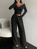 K New Set Of Long-sleeved Pure Color Slim-fit Top With Button-through Trousers For Women_ecoleips.com