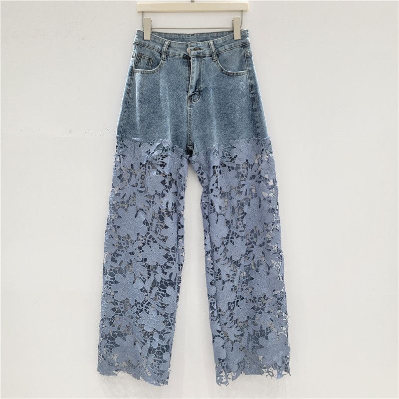Women's Clothing Designer Lace Stitching Niche Jeans Summer New Straight Slim Retro Style Casual Trousers_ecoleips.com