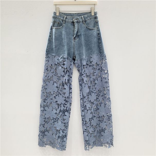 Women's Clothing Designer Lace Stitching Niche Jeans Summer New Straight Slim Retro Style Casual Trousers_ecoleips.com