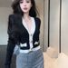 French-style Elegant V-neck Knit Jacket With Metallic Buttons Contrasting Colors, Versatile And Slimming, Short-length_ecoleips.com