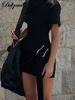 Dulzura O-Neck Short Sleeves Lace Up Bodycon Metal Button Mini Dress Solid Casual Elegant Short Dress Club Streetwear Outfit_ecoleips.com