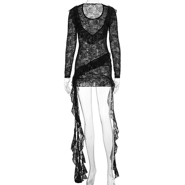 Women’s New Arrival Fashion Dress Round Neck Long Sleeve Lace Patchwork Ribbon Accent Casual Office Party Lace Long Sleeve Dress_ecoleips.com