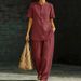 New Women's Clothing Distressed Retro Cotton Linen Two Piece Set Loose Fitting Button V Neck Casual Suit_ecoleips.com