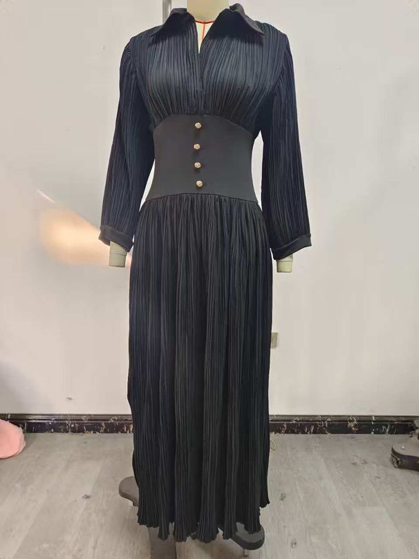 New Autumn Cross-border Women's Fashion: European American Best-selling Solid Color A-line Dress With Pleated Waist And_ecoleips.com