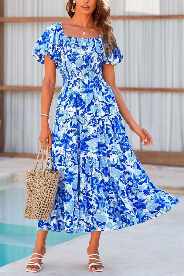 Women's Summer Puff Sleeve Slimming Maxi Dress – High Waist Off-Shoulder Floral Print With Adjustable Spaghetti Strap, Resort Style 2026_ecoleips.com