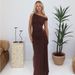 2025 Spring Summer New Fashion Slim Fit Asymmetrical Neck Sleeveless Slit Solid Color Dress For Women Wholesale_ecoleips.com
