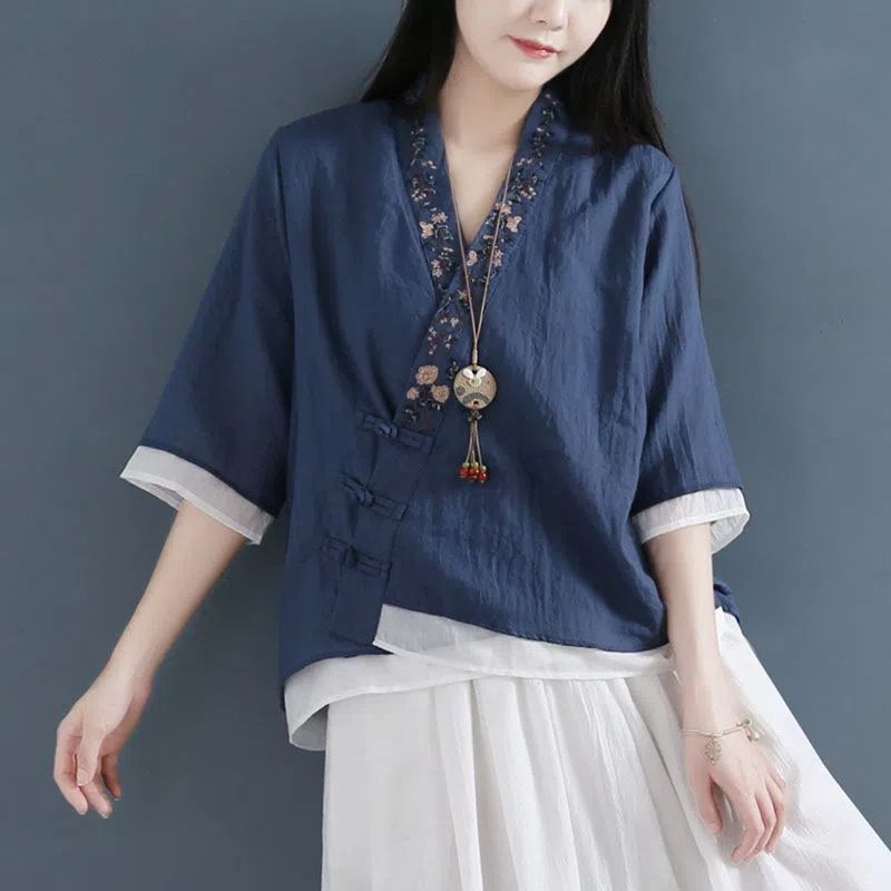 Diagonal Three-Button Short-Sleeved Pure Cotton Faux Two-Piece Shirt Women's Top With China-Inspired Retro Tea-Party Sty_ecoleips.com