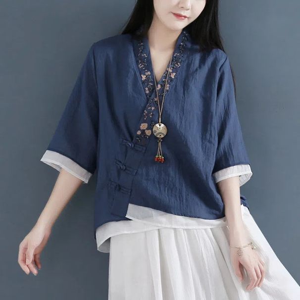 Diagonal Three-Button Short-Sleeved Pure Cotton Faux Two-Piece Shirt Women's Top With China-Inspired Retro Tea-Party Sty_ecoleips.com