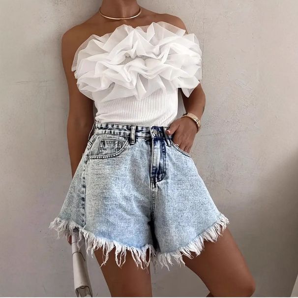 High-waisted Fringed Women's Stylish Design Casual Loose Fashion Frayed Slim-fit Flared Denim Shorts_ecoleips.com