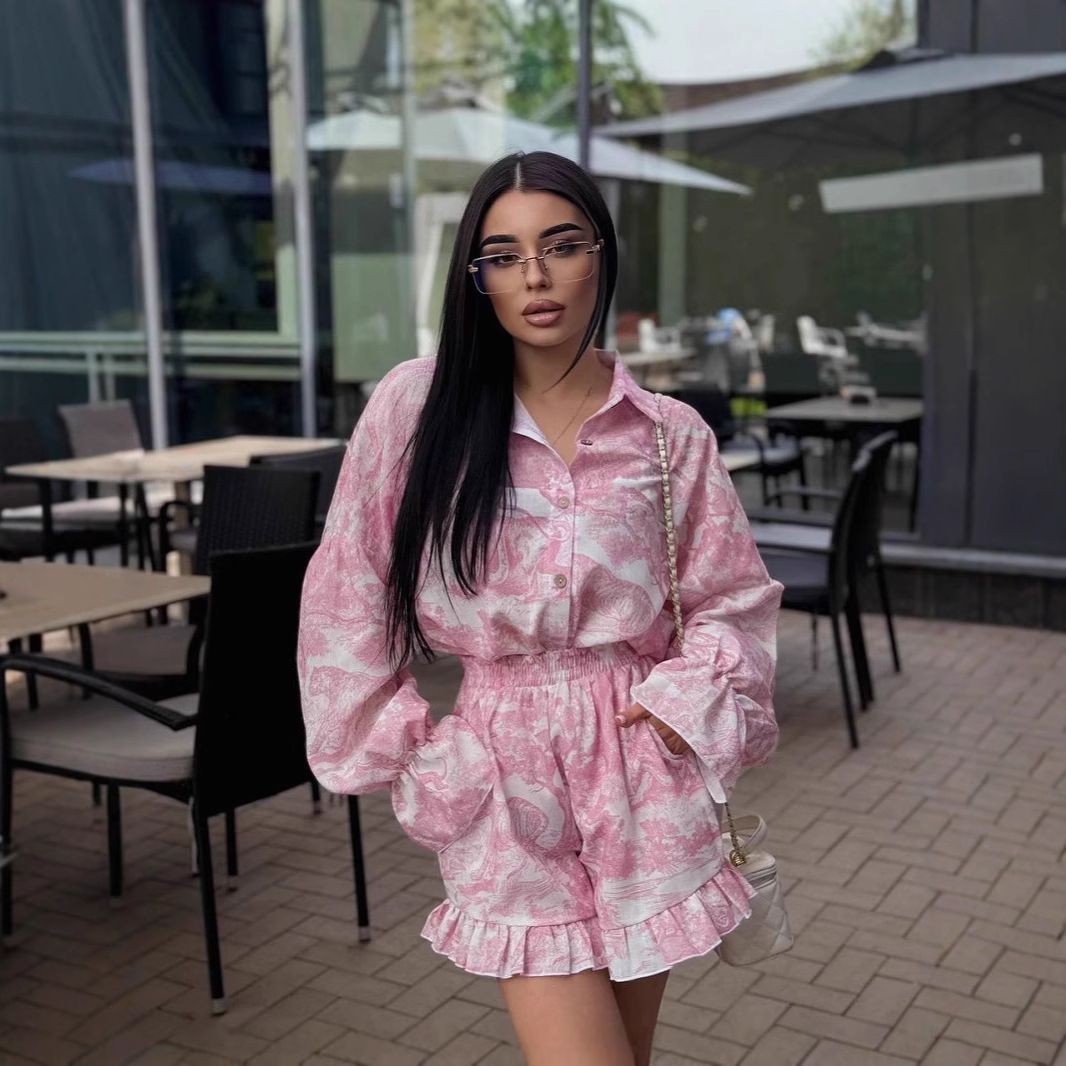 Women's Elegant Puff Sleeve Blouse & Floral Print Shorts Set – 2025 Summer Trendy Outfit (Pink/Blue, S/M/L/XL/XXL)_ecoleips.com