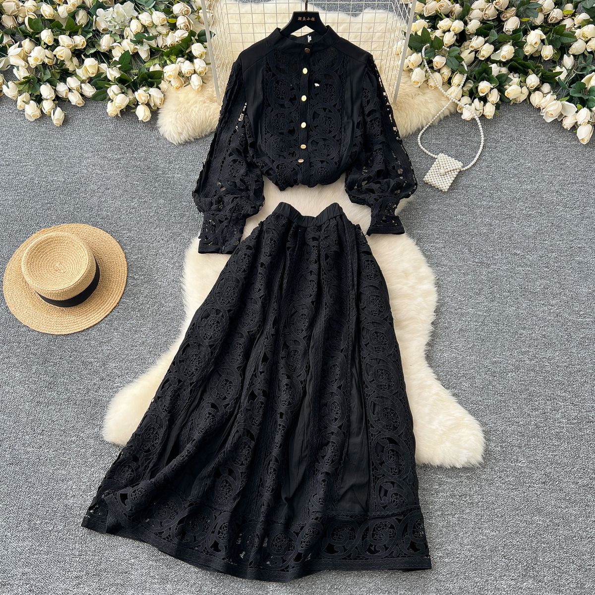 French Style Women's Age Reducing Suit Crochet Lace Lantern Sleeve Blouse High Waisted Knee Length Skirt Fashionable Set_ecoleips.com