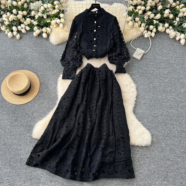 French Style Women's Age Reducing Suit Crochet Lace Lantern Sleeve Blouse High Waisted Knee Length Skirt Fashionable Set_ecoleips.com
