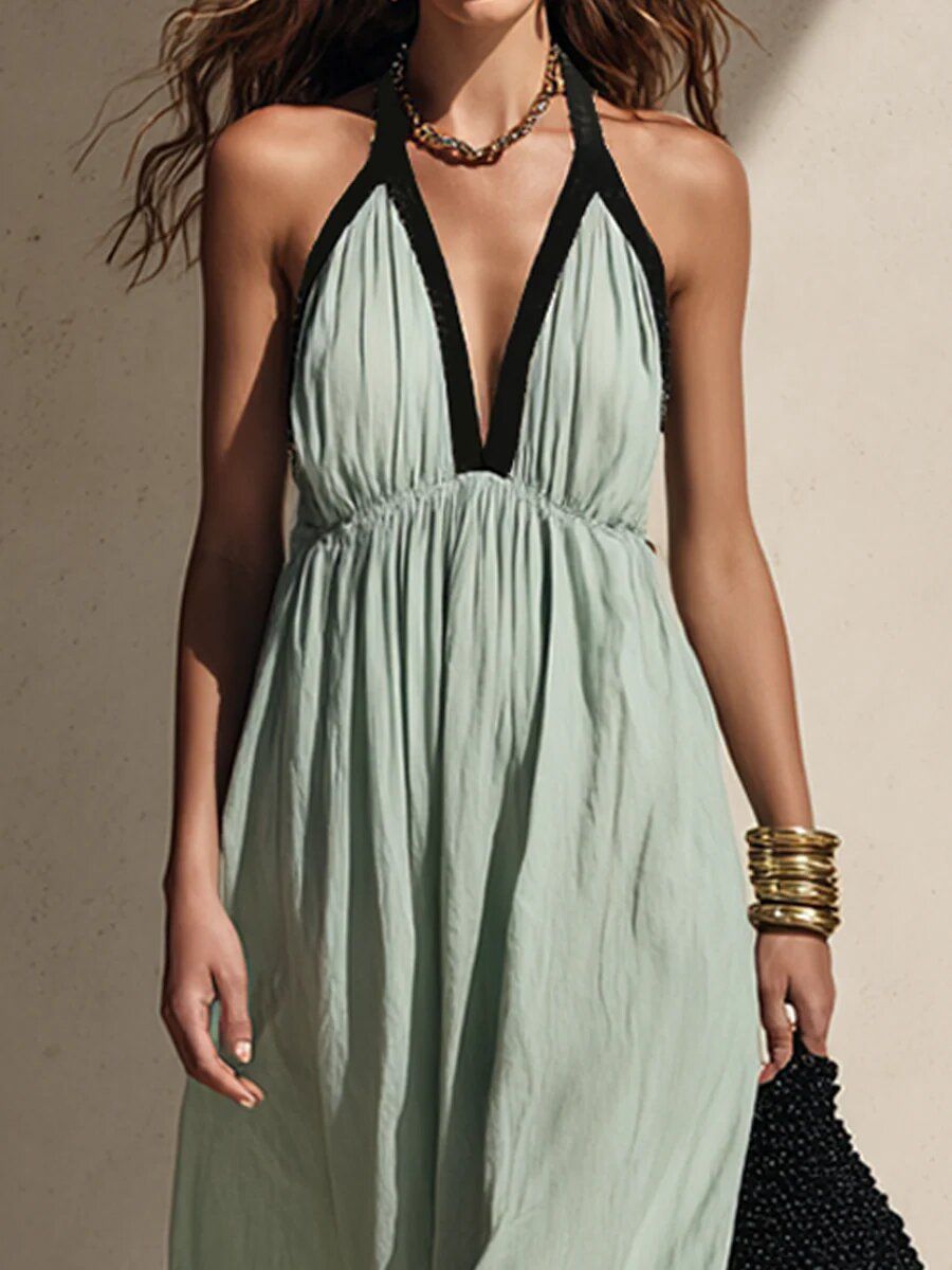 Women's American Style V Neck Halter Sleeveless Long Dress High Waist Casual Loose Color Block Backless Gown For Vacation_ecoleips.com