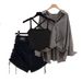 Women's Clothing Summer Hong Kong Style Retro Outfit For Women New Design Suspender Shirt Drawstring Shorts Slim Three Piece Suit_ecoleips.com