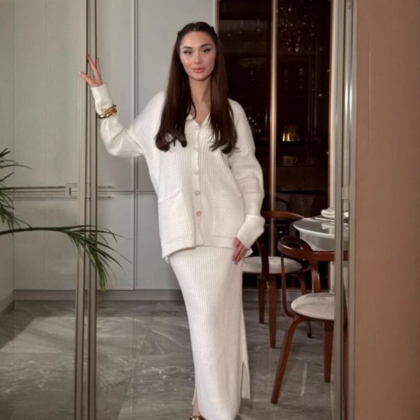 Women's V-Neck Knit Sweater & A-Line Skirt Set - Long Sleeve Button Front Cardigan With Belt Detail, Fall Casual Outfit (White, Coffee)_ecoleips.com