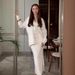 Women's V-Neck Knit Sweater & A-Line Skirt Set - Long Sleeve Button Front Cardigan With Belt Detail, Fall Casual Outfit (White, Coffee)_ecoleips.com