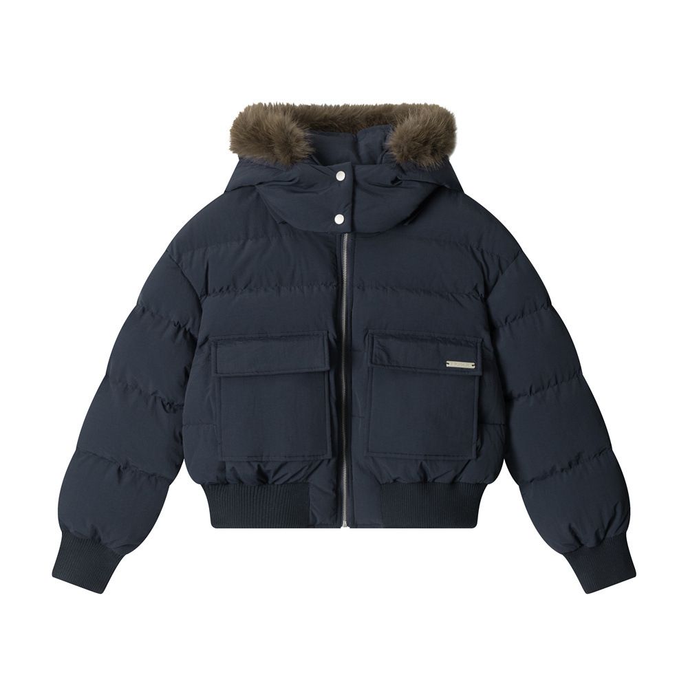 Women's Clothing Women's Thickened Hooded Faux Fur Collar Short Jacket - Vintage Style Cozy Winter Coat (Navy Blue, Khaki)_ecoleips.com