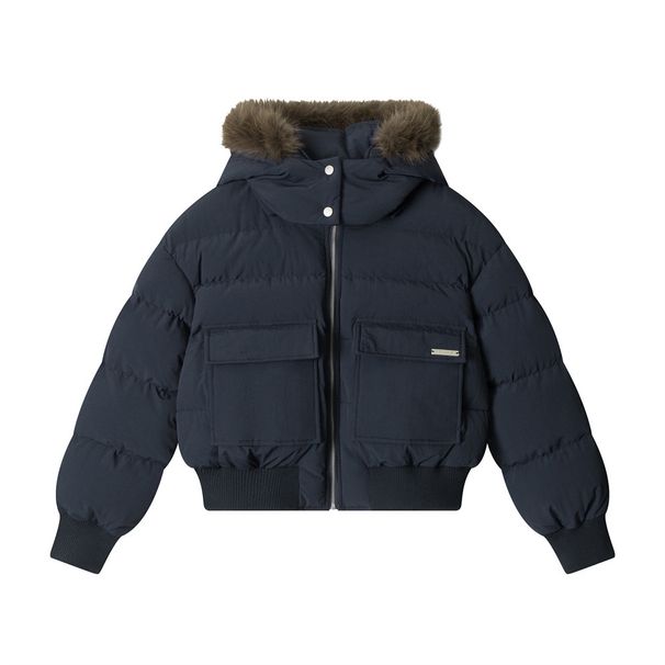 Women's Clothing Women's Thickened Hooded Faux Fur Collar Short Jacket - Vintage Style Cozy Winter Coat (Navy Blue, Khaki)_ecoleips.com
