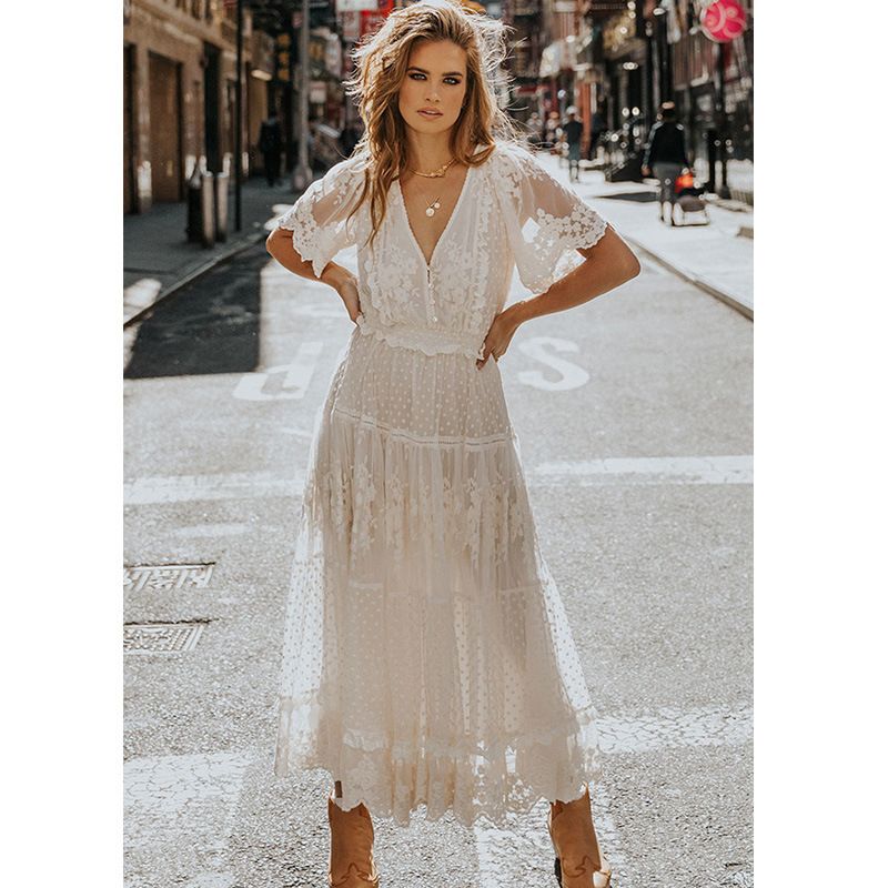 Women's Clothing Summer New Women's Clothing Hot Sale V Neck Short Sleeved Lace Dress_ecoleips.com
