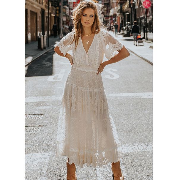 Women's Clothing Summer New Women's Clothing Hot Sale V Neck Short Sleeved Lace Dress_ecoleips.com